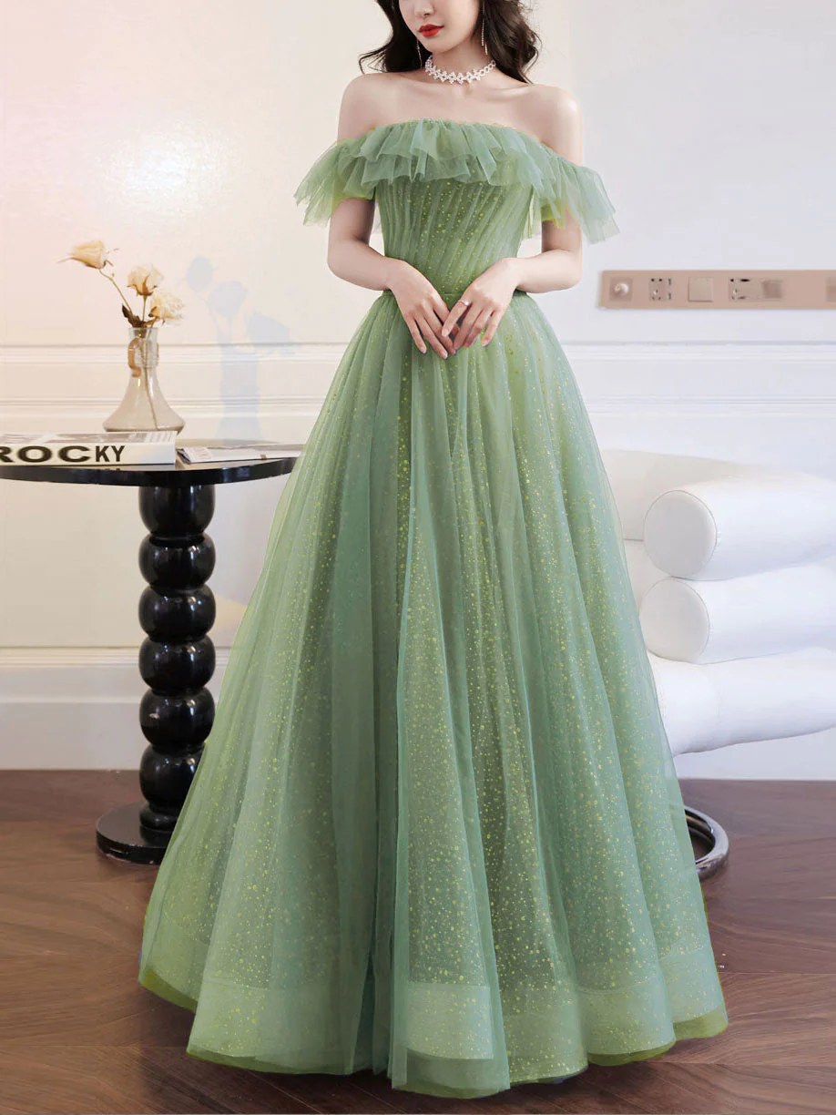 A line Green Long Prom Dresses, Green Tulle Formal Graduation Party Dress cg24988