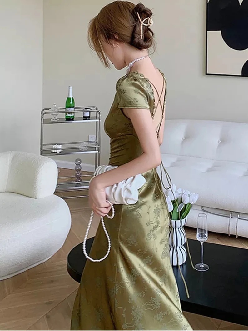 Elegant Women Green Satin Backless Mixi Dress Palace Short Sleeve Lace V-Neck Bandage Vintage Bodycon Evening Gown cg24972
