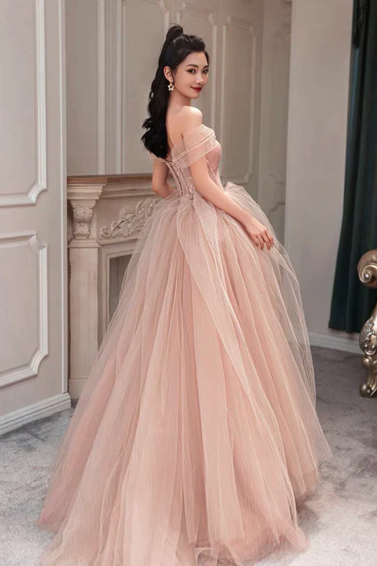 Pink Sweetheart With Lace Beaded Tulle Junior Prom Dress, Pink Long Formal Dresses cg24960