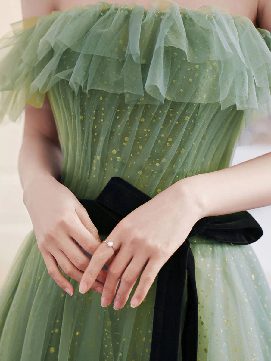 A line Green Long Prom Dresses, Green Tulle Formal Graduation Party Dress cg24988