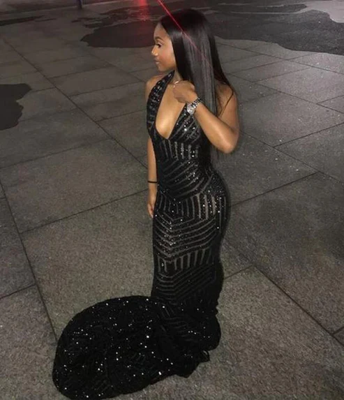 Vestido formal de sirena con lentejuelas negras para niña, vestidos de fiesta brillantes