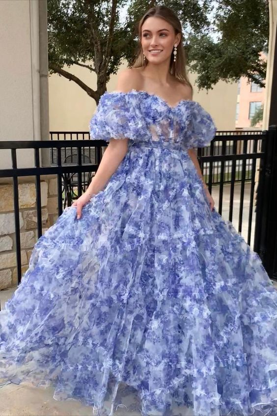 Off the Shoulder Floral Print Ruffled Tulle Prom Dress gh2897