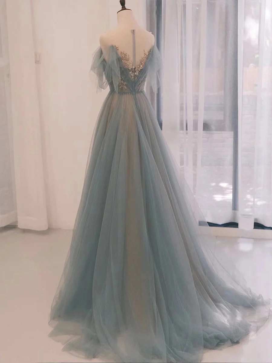 A-Line Scoop Neckline Tulle Gray Blue Long Prom Dress with Sequin gh2638