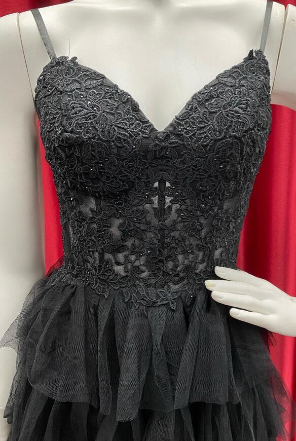 Straps Black Prom Dress with Sheer Corset Bodice, Tiered Formal Gown GP613