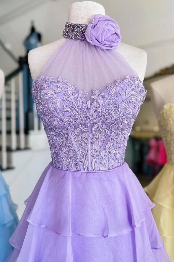 Princess Chiffon Long Prom Dresses with Lace Bodice and Ruffle Skirt GP524
