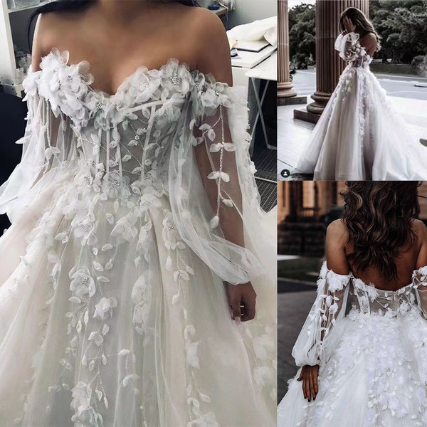 MODERN SWEETHEART SLEEVELESS WEDDING DRESS WHITE 3D FLORAL LACE BRIDAL GOWN fg5299