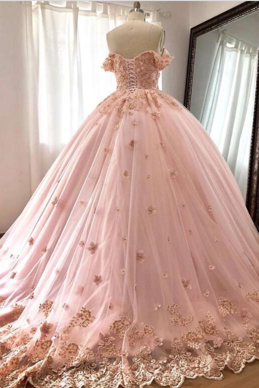 Quince Dresses Pink Ball Gowns Off the Shoulder Wedding Dress, PW436