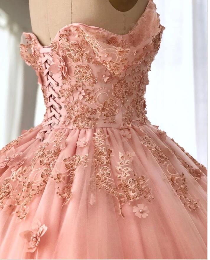 Quince Dresses Pink Ball Gowns Off the Shoulder Wedding Dress, PW436