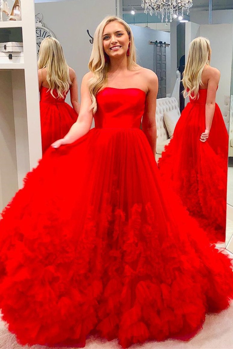 Vestido de fiesta largo rojo sin tirantes, corte A, elegante vestido de desfile