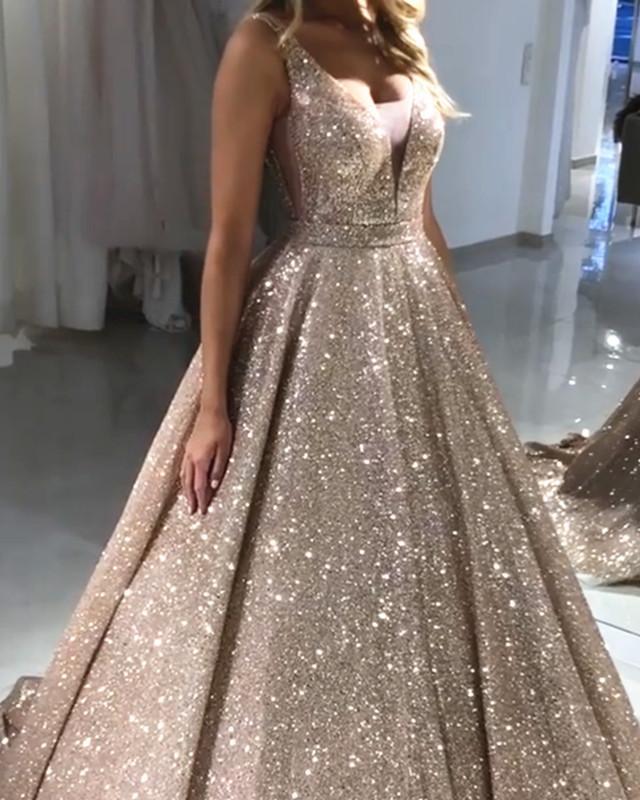 Vestidos de fiesta con escote en V pronunciado y lentejuelas