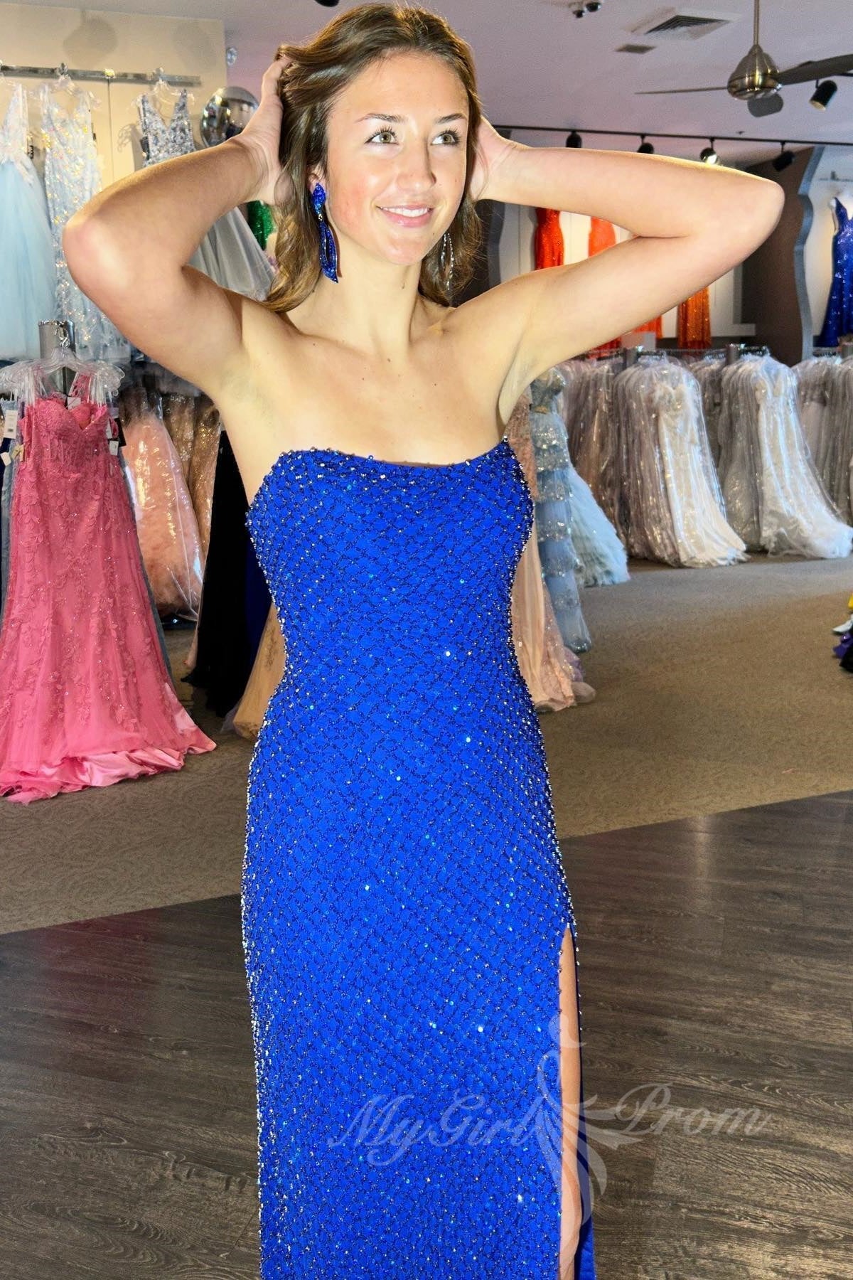 Red Fitted Strapless Beaded Grid Long Prom Dresses, Slit Evening Gowns GP514