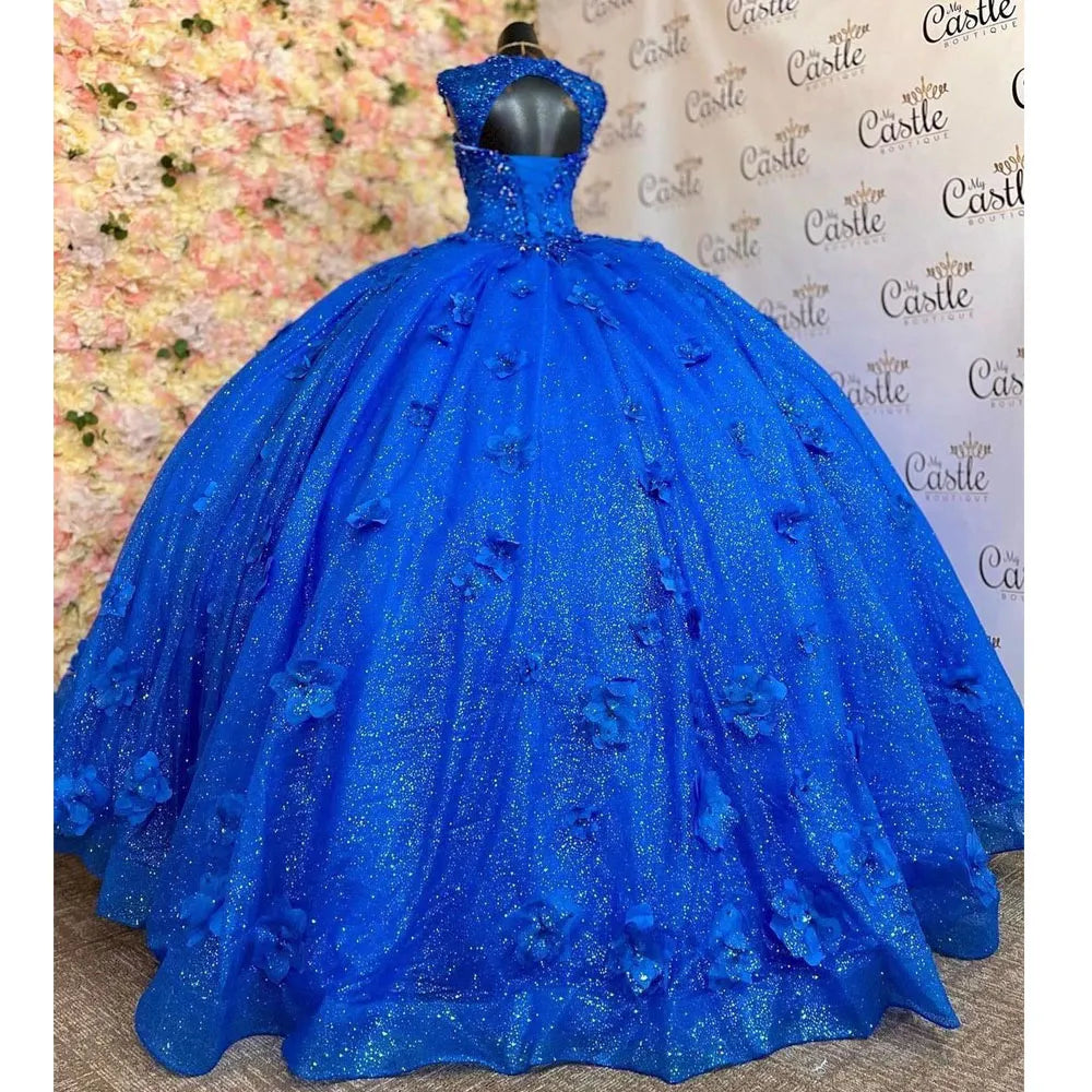 Royal Blue Quinceanera Dresses with 3D Floral Applique Off Shoulder Lace-up Corset Back prom Sweet 16 Dress fg4292