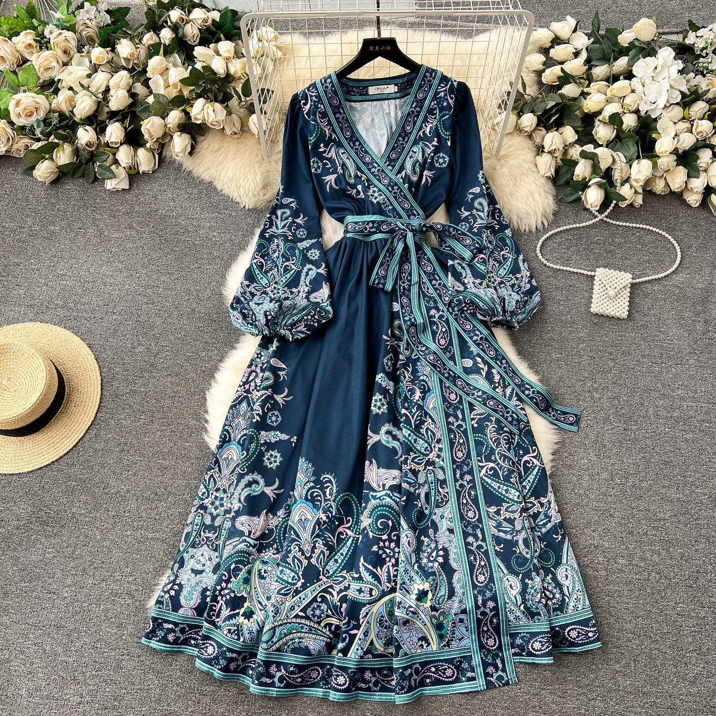 Chic A line Long Sleeves Blue Floral Holiday Dresses Autumn Women's Dress SD1281