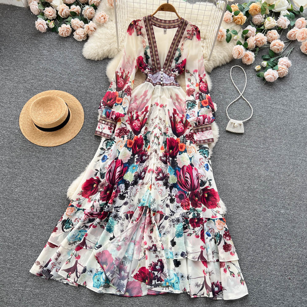 Chic A line Long Sleeves Pink Floral Holiday Dresses Women's Dress SD1282