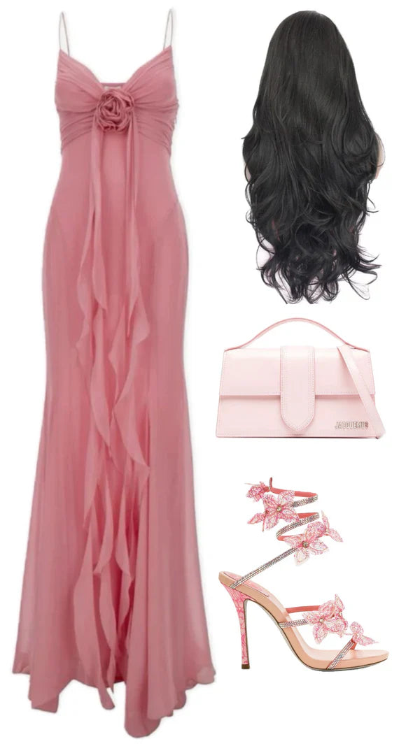 shopuniqlos-- Chic Pink Romantic Elegant Long Chiffon Wedding Guest Dress Party Dress Birthday Dress gh5566