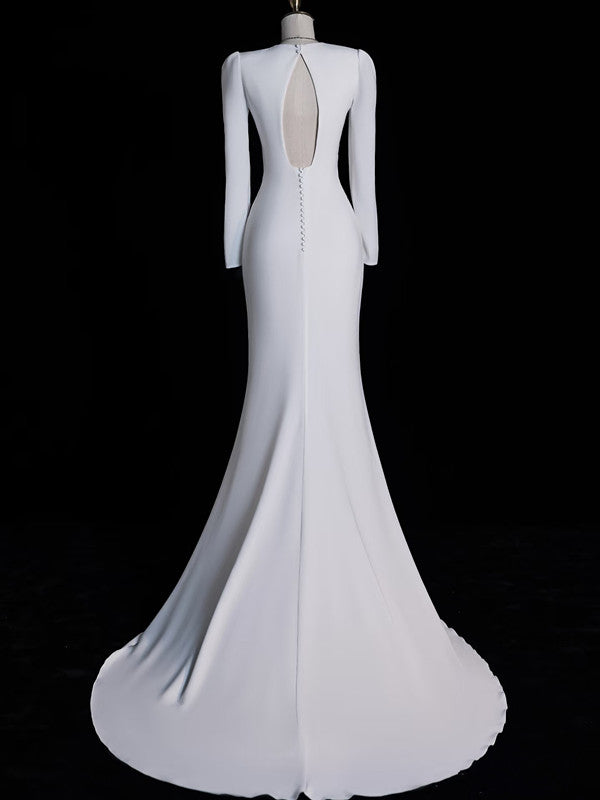 Sexy Mermaid V Neckline Long Sleeves White Satin Wedding Dresses Brides Dress SD1870