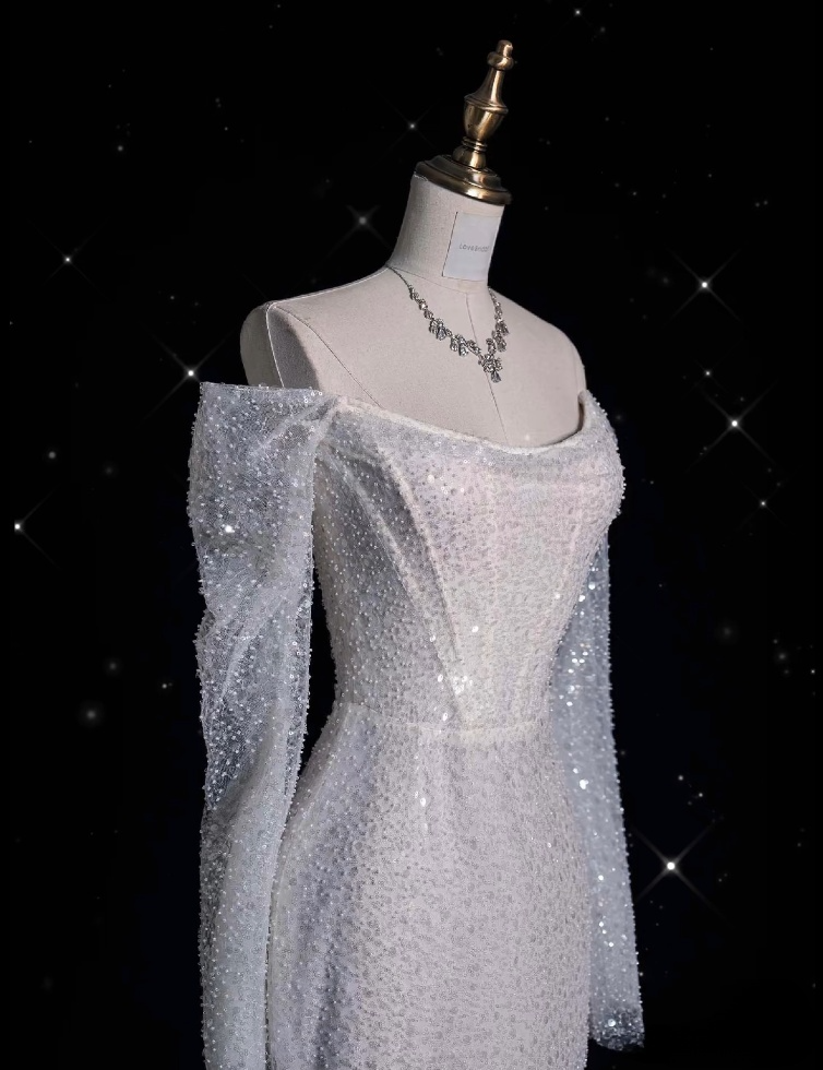 Unique Mermaid Off The Shoulder Long Sleeves Wedding Dresses Sequin Brides Dress SD1918
