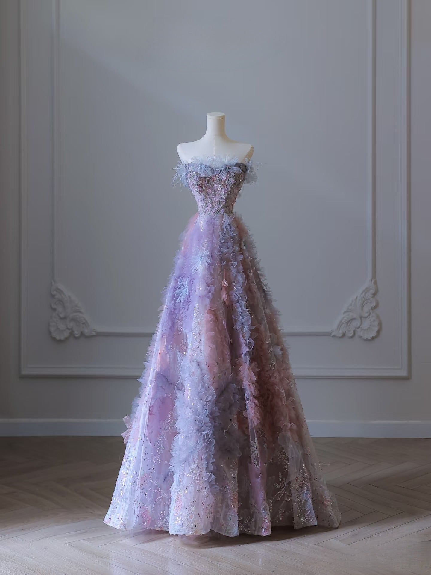 Hermoso vestido de fiesta largo de tul sin tirantes de corte A, vestidos de noche formales