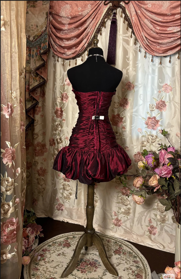 Vintage Sheath Strapless Burgundy Mini Dresses Homecoming Dress 16th Birthday Dresses SD2414