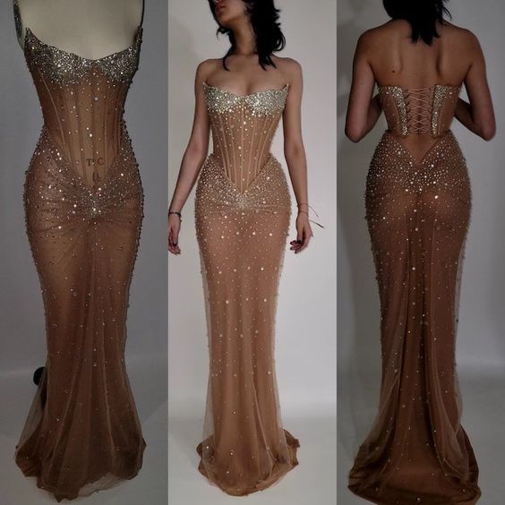 Vestido de fiesta largo de sirena sexy sin tirantes con cuentas plateadas y champán, trajes de cumpleaños, vestidos de graduación D2628