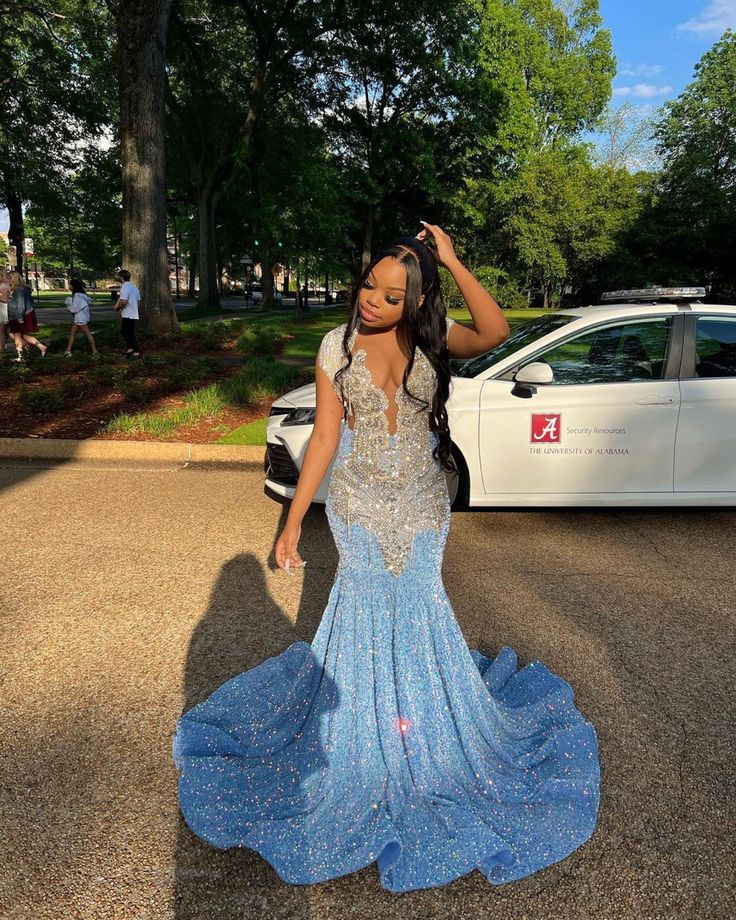 Vestido de fiesta de sirena con cuentas plateadas y lentejuelas azules para 18 cumpleaños, D2695
