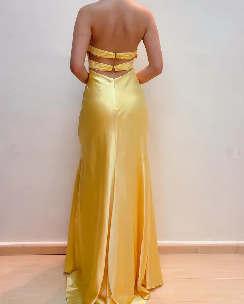 Hermoso vestido de fiesta largo de satén amarillo con sirena, elegante vestido para evento.