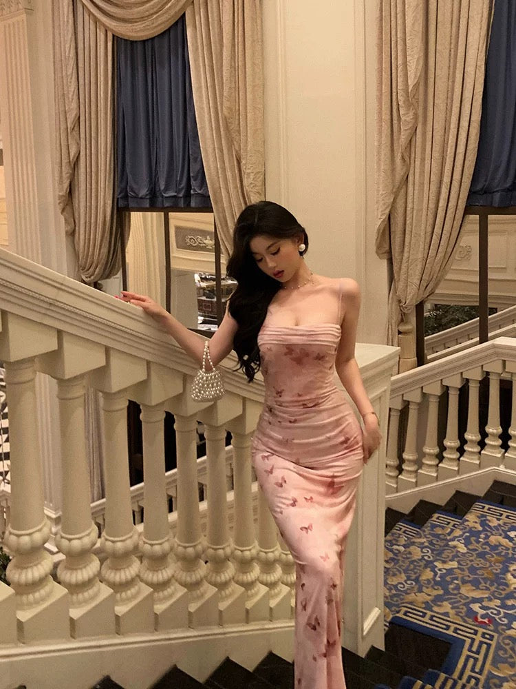 Sexy Mermaid Spaghetti Straps Floral Pink Prom Dresses Ankle Length Birthday Outfits SD678