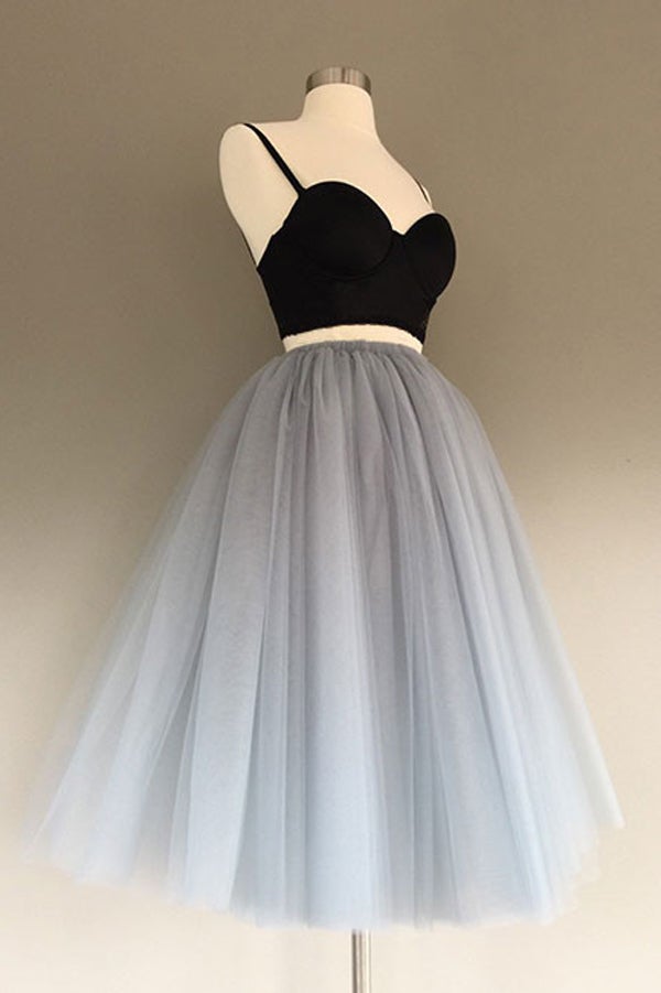 Vestido de cóctel de tul gris con corte en A, corto, de dos piezas