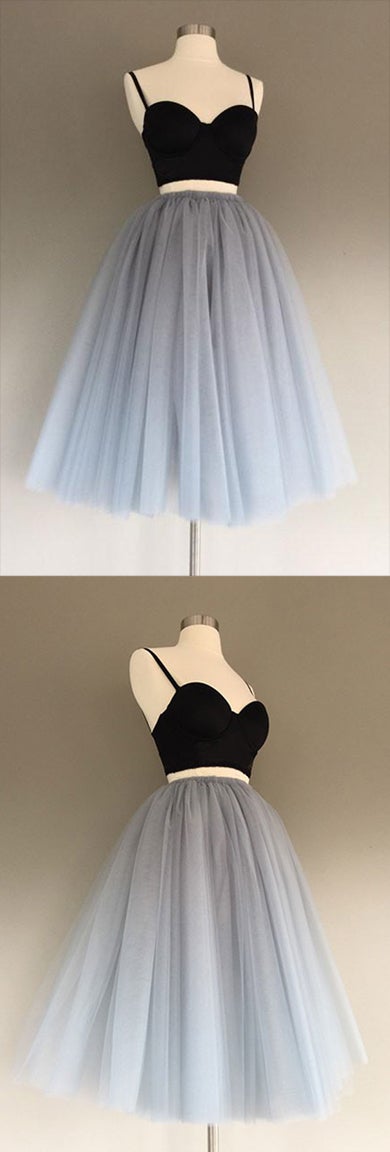 Vestido de cóctel de tul gris con corte en A, corto, de dos piezas