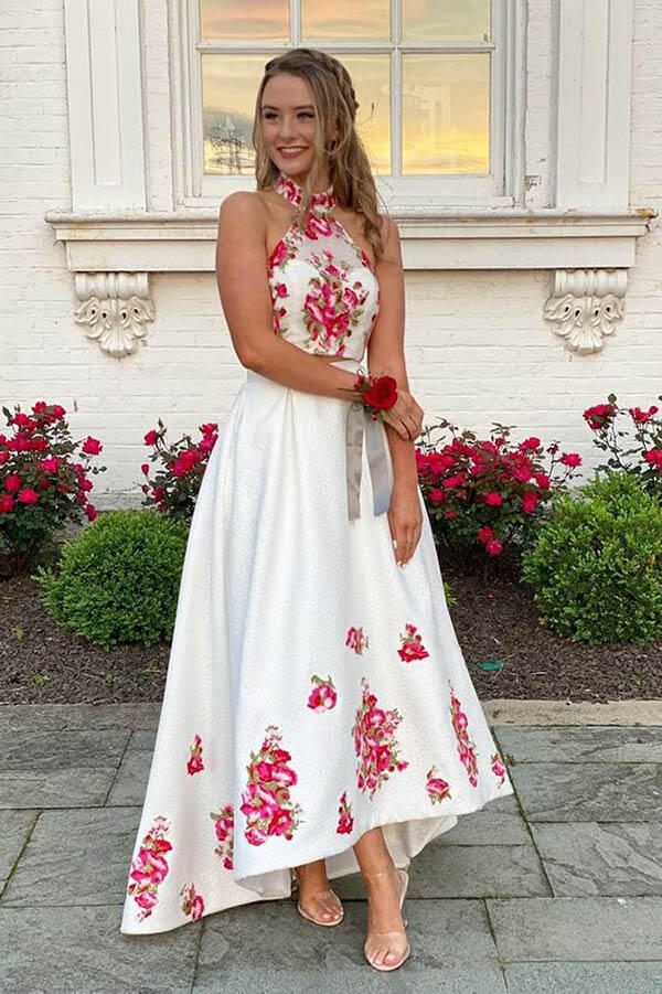 Vestido de fiesta largo de dos piezas con cuello halter, alto y bajo, bordado colorido