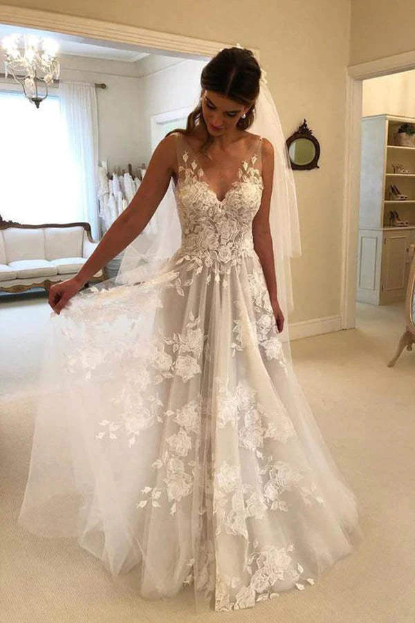 Fabulosos vestidos de novia de tul, corte A, escote en V, largo hasta el suelo, con encaje y apliques