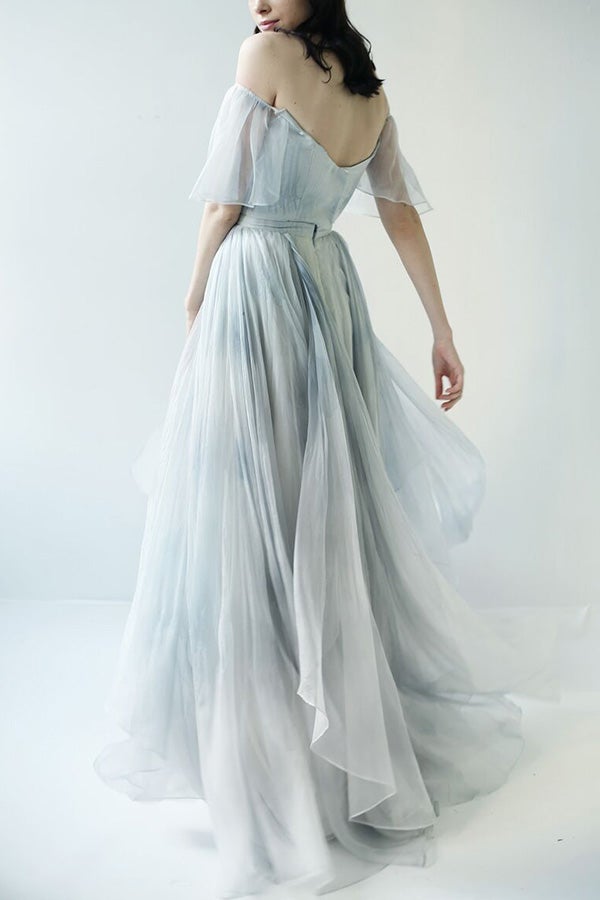 Vestidos de fiesta largos únicos en gris y azul con hombros descubiertos, vestidos de boda para jardín