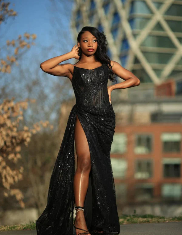 Sexy Black Mermaid Strapless Sequined High Split Long Floor Length Prom Dresses TP1687