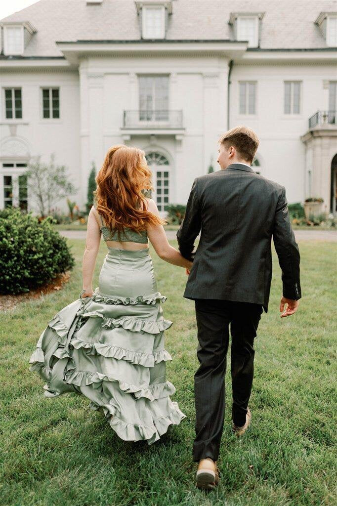 Sage Bra knotted Ruffles Tiered Prom Dress Sheath Slit Formal Gown GP680