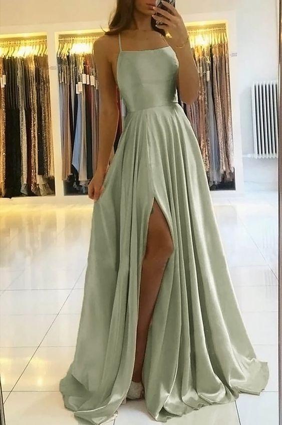 Vestido de fiesta verde salvia con abertura, sencillo, corte A, largo, de noche