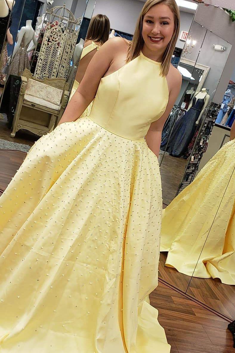 Satin A-line Sky Blue Prom Evening Dress Pearls With Pockets GP02