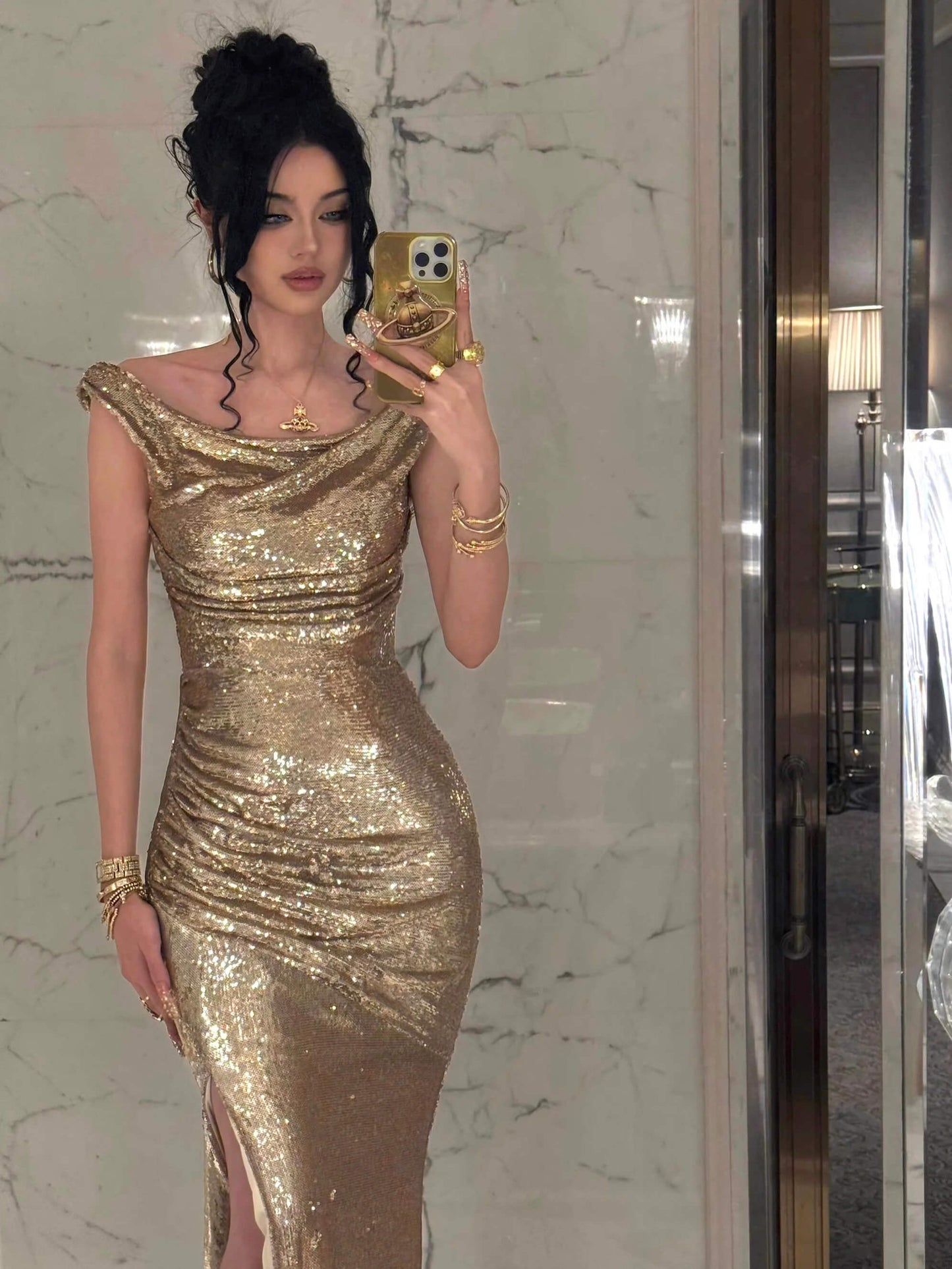 Vestidos de fiesta con lentejuelas color champán brillantes, corte sirena, largo, espalda abierta, maxivestido con abertura