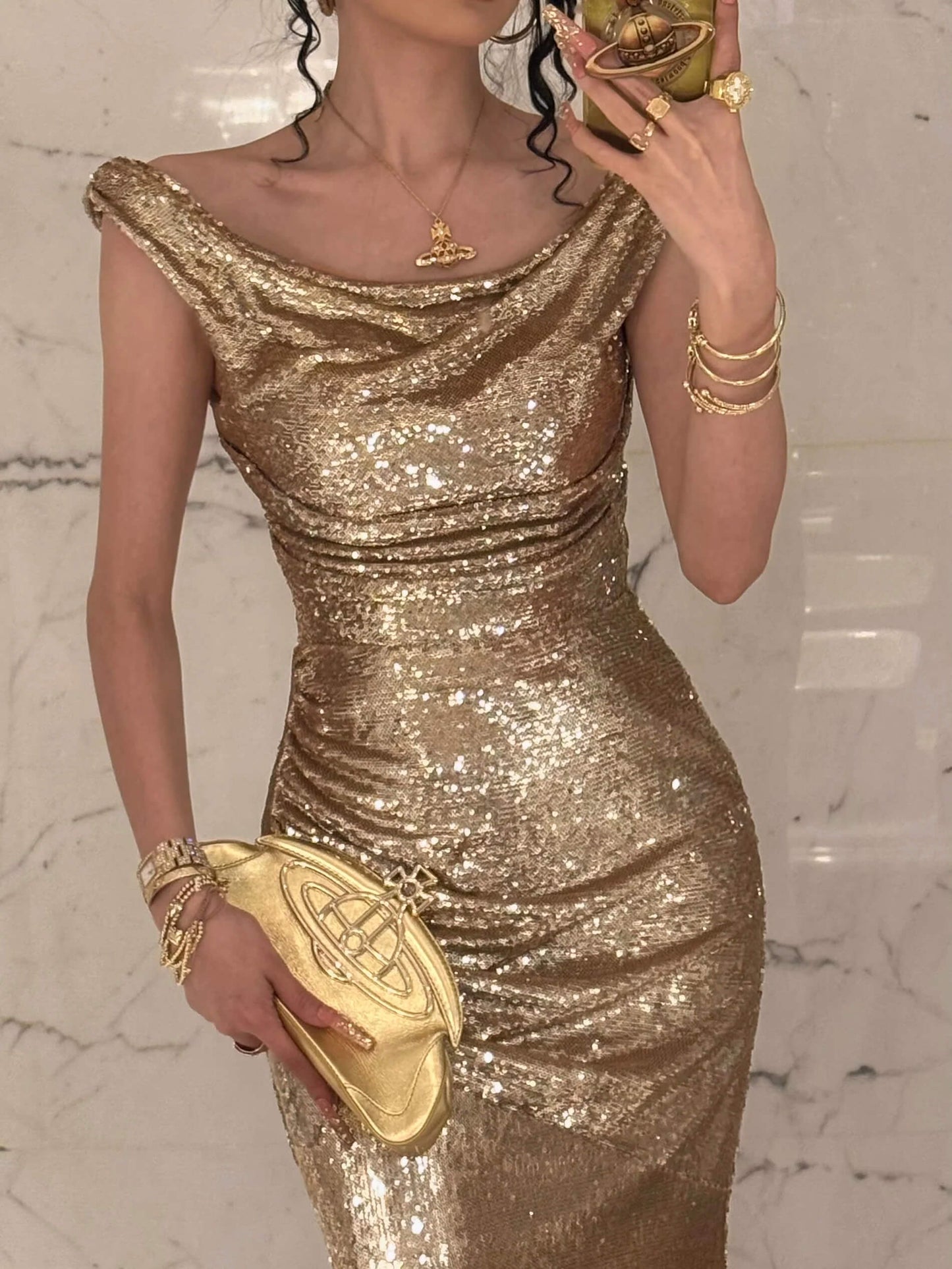 Vestidos de fiesta con lentejuelas color champán brillantes, corte sirena, largo, espalda abierta, maxivestido con abertura