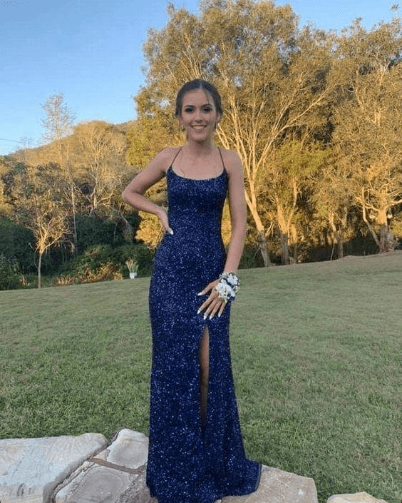 Vestidos de fiesta de lentejuelas azul marino con corte sirena, vestidos de fiesta formales largos con espalda cruzada