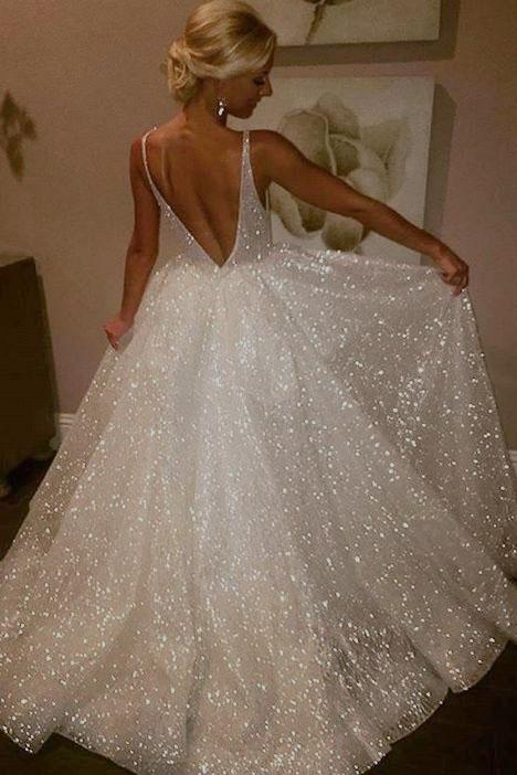 Vestidos de novia brillantes con escote en V, sin mangas, sin espalda y largos hasta el suelo, vestidos de fiesta