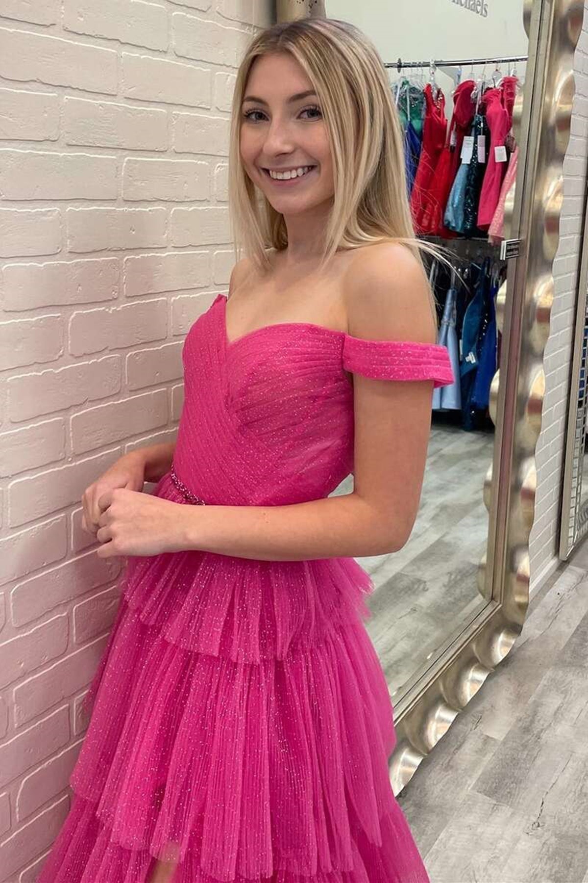Shiny Hot Pink Tulle Layered Prom Dress, Off Shoulder Slit Formal Evening Dresses GP304