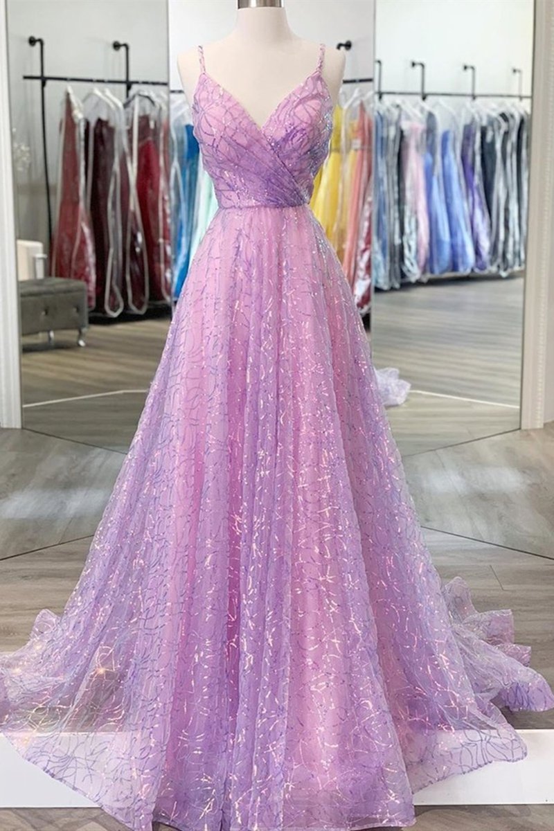 Shiny V Neck Backless Long Prom Dress, A-line Sleeveless Formal Gown GP287