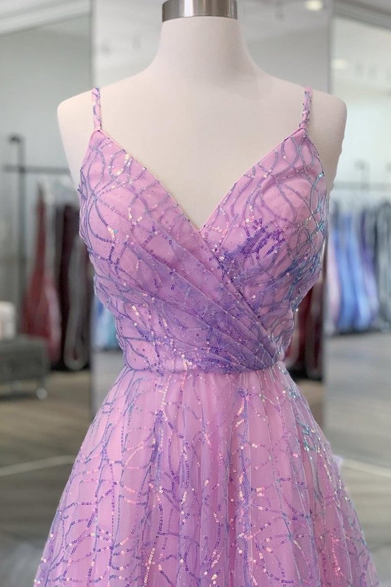 Shiny V Neck Backless Long Prom Dress, A-line Sleeveless Formal Gown GP287