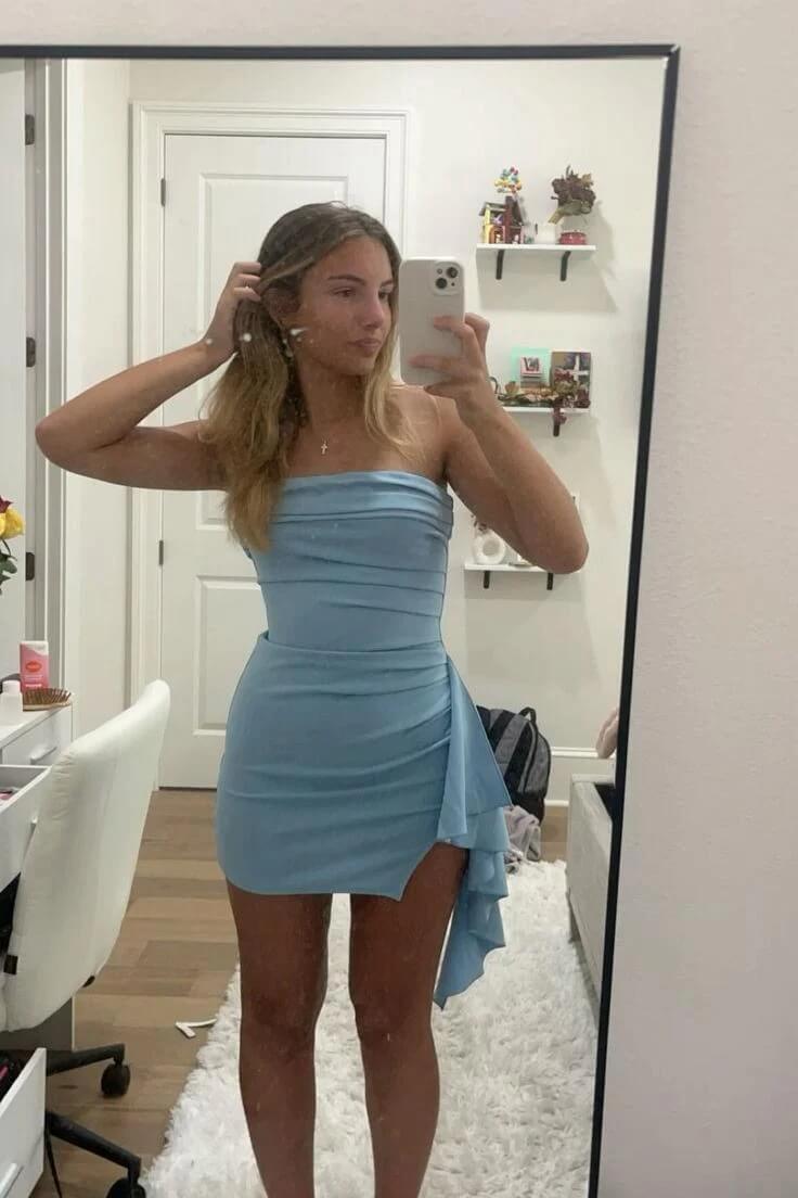 Vestido mini drapeado azul claro sin tirantes Vestidos de fiesta cortos