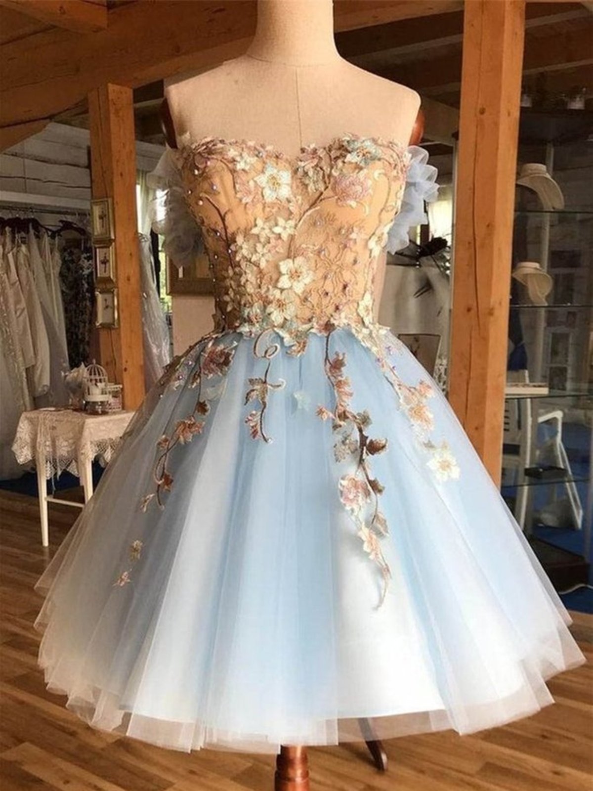 Vestidos de fiesta cortos con encaje azul floral, vestidos de fiesta cortos con encaje azul floral