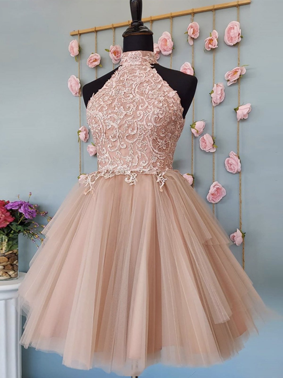 Vestidos de fiesta cortos de encaje rosa con cuello halter, vestidos de fiesta formales de encaje rosa con cuello halter