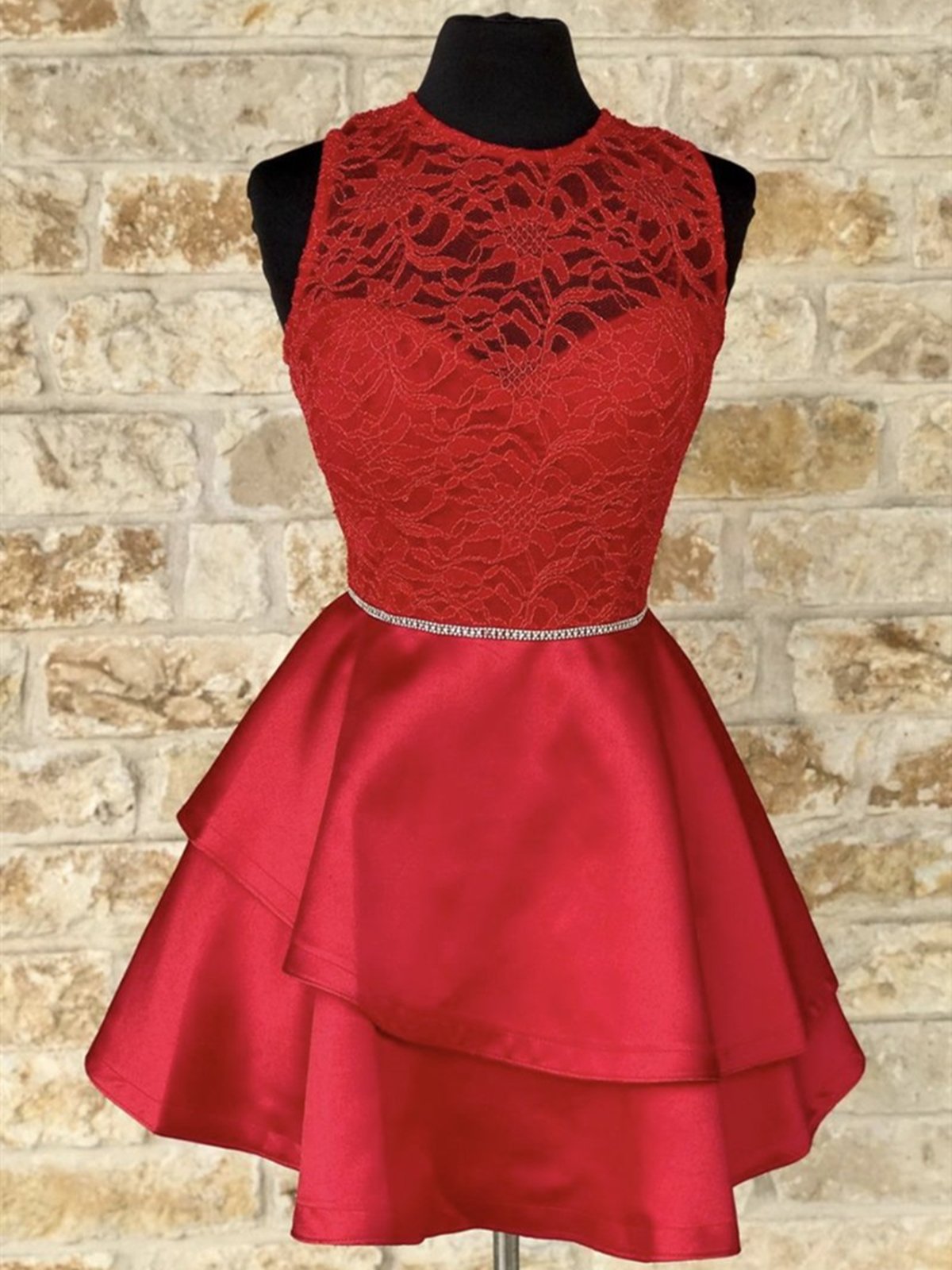 Vestidos cortos de fiesta de encaje rojo, vestidos cortos de fiesta formales de encaje rojo