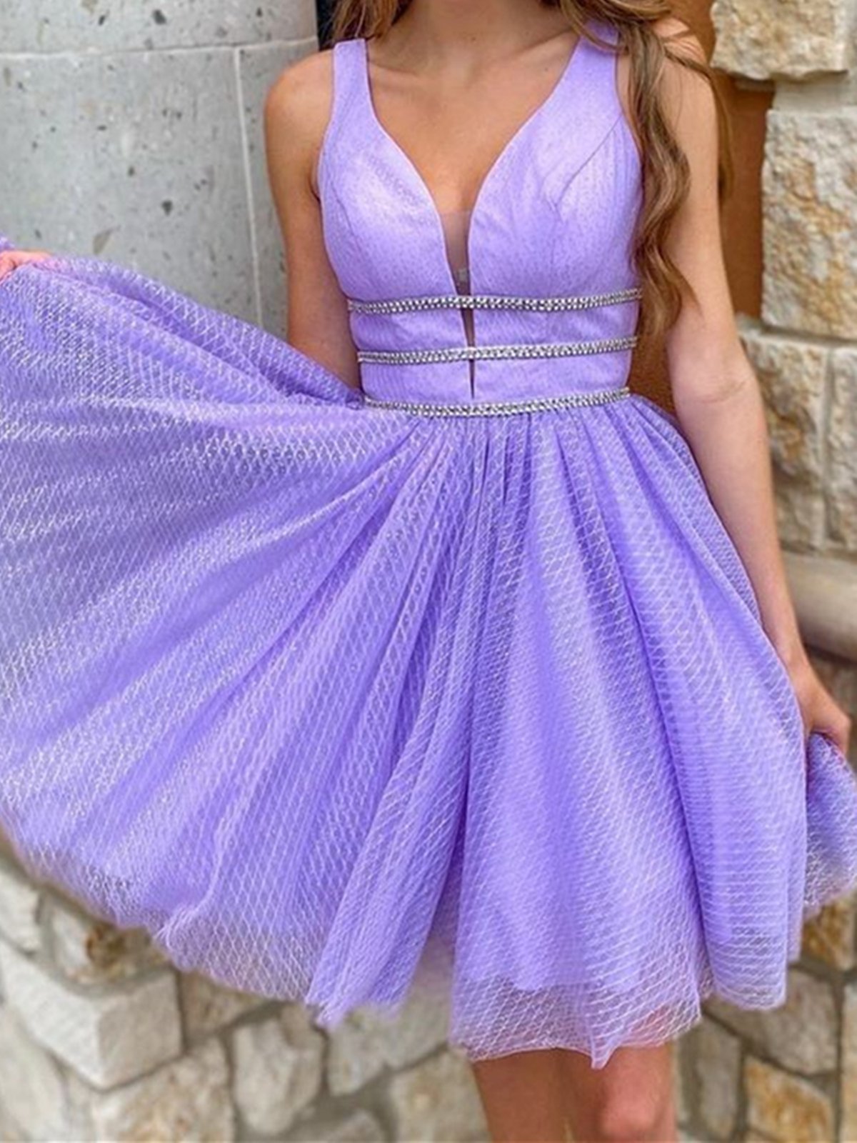 Vestidos de fiesta morados con escote en V corto, vestidos de graduación morados con escote en V corto