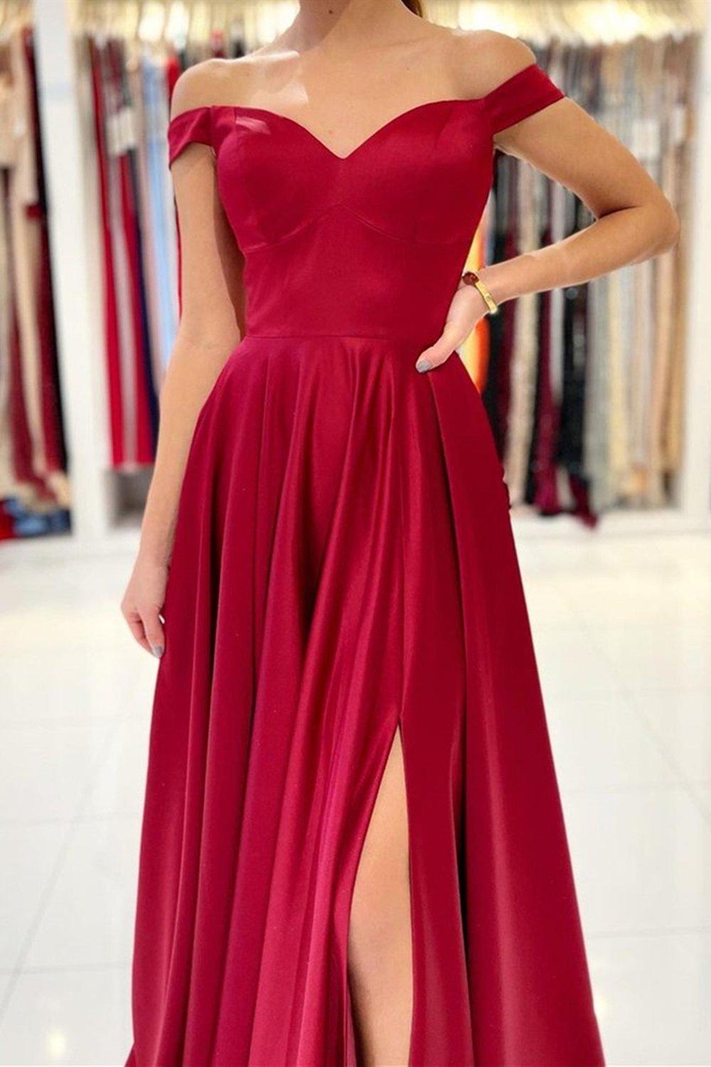 Simple Off the Shoulder Burgundy Satin Long Prom Dress with Slit, GP157
