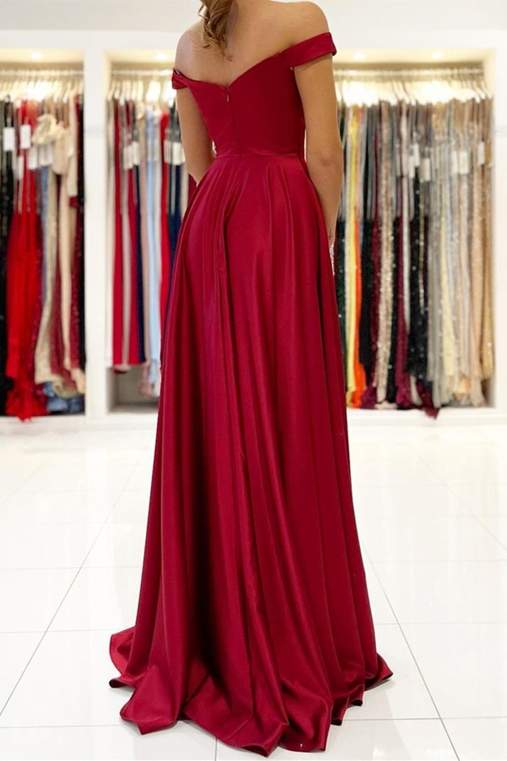Simple Off the Shoulder Burgundy Satin Long Prom Dress with Slit, GP157